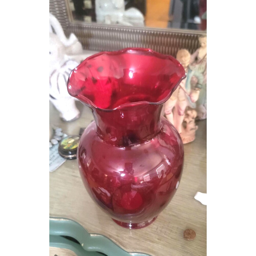 Vtg Ruby Red Indiana Glass flower Vase 11" Trumpet Crimped Ruffled top MCM Mint